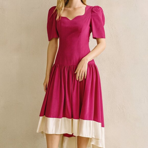 Vintage 1980s Barbie Pink Taffeta White Satin Sweetheart Semi Formal Dress S - Picture 1 of 9